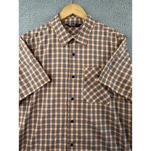 Outdoor Research Shirt Mens Large Orange Blue Plaid Seapine Short Sleeve Outdoor